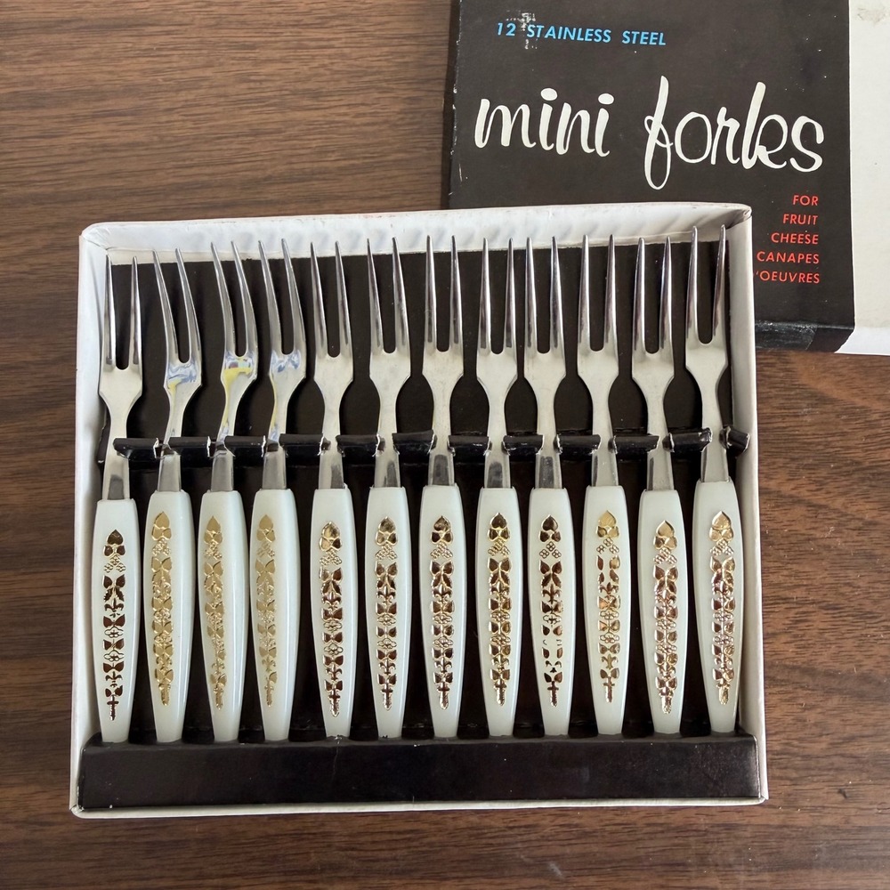 Vintage MCM Stainless Steel Mini Appetizer Forks Gold Filigree White Handles 12